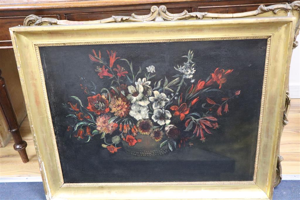 English School, oil on canvas, Still life of flowers in a basket upon a ledge, 49 x 59cm